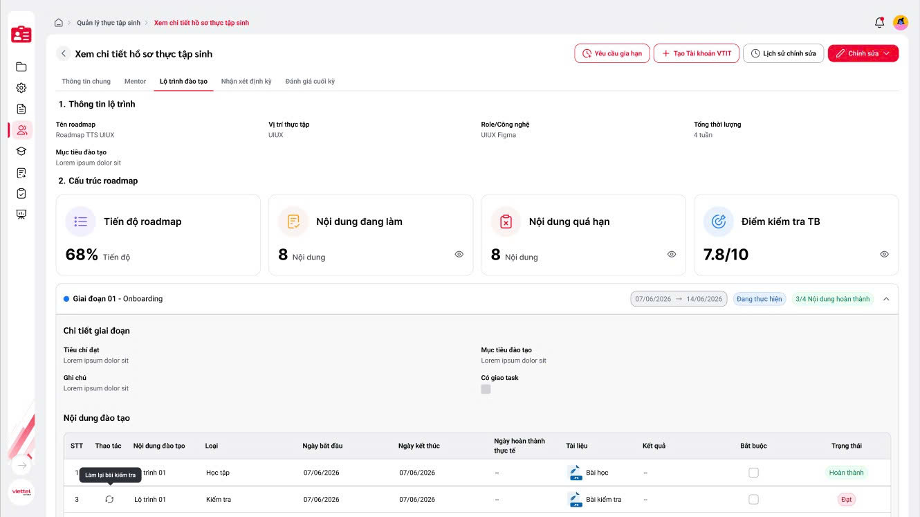 Giao diện hệ thống IMS – Dashboard quản lý thực tập sinh Viettel Software